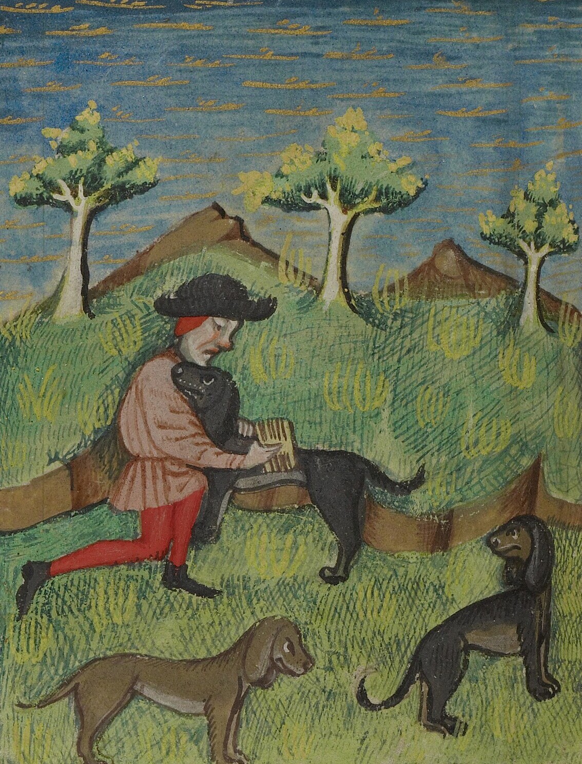 Unknown, 

A Hunter Combing a Dog ( with detail), about 1430-1440, French. Tempera colors, gold paint, silver paint, and 