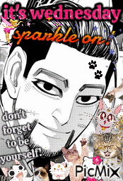 a sparkly low resolution gif of a screencap of a mischievously smiling ogata. he is surrounded by various animated cats and glittery text that reads "it's wednesday. sparkle on! don't forget to be yourself!"