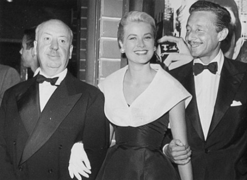 princessgracekelly1956: Alfred Hitchcock, Grace Kelly and Oleg Cassini at the première of Rea