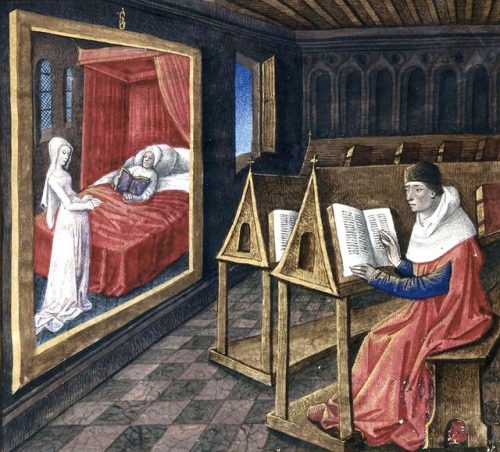 Boethius - Consolation of Philosophy (1477).Boethius in the scriptorium, contemplating in the mirror