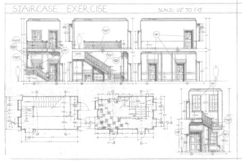A Technical Drawing of a Staircase I did, with the 3D Model I made afterwards of it.