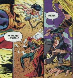 esotericgentleman:  pr1ncessprivilege:  Wonder Woman casually hands Mjolnir to Thor  Wonder Woman is AWESOME!