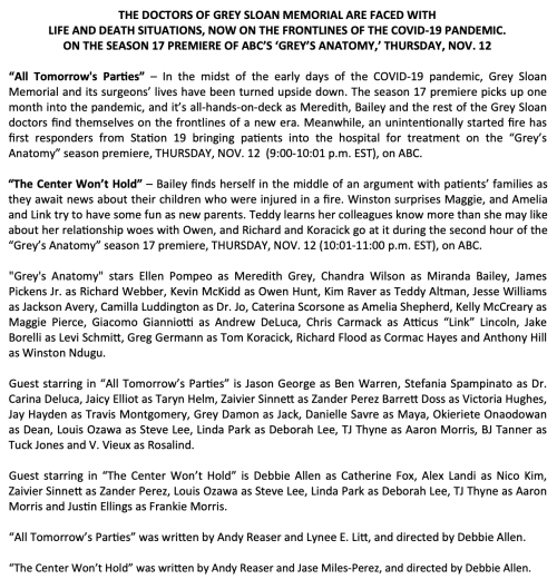 calzona-ga:PRESS RELEASE| Grey’s Anatomy 17x01 - “All Tomorrow’s Parties” & 17x02 - “The Center 