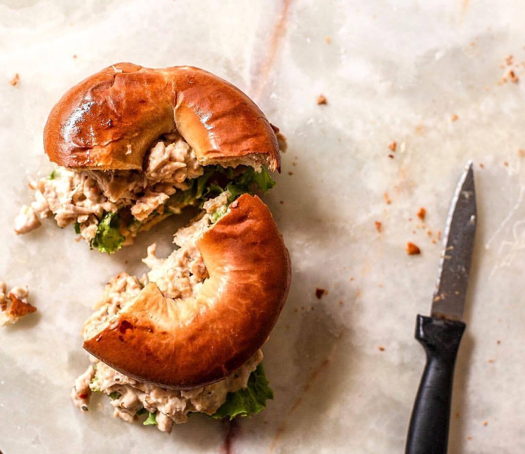 For breakfast, a chicken salad bagel. Grilled...