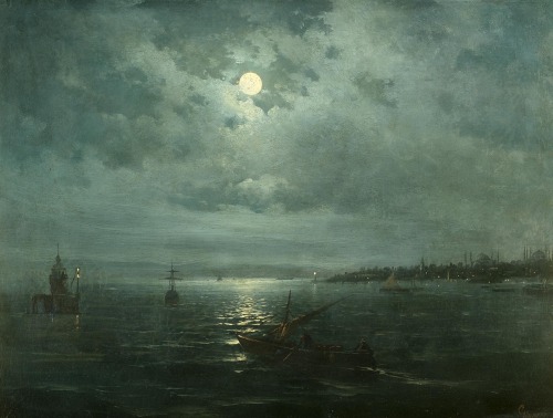 Contantinople by Moonlight. Oil on Canvas. 52.5 x 69.5 cm. Art by Mekertich Givanian.(1848-1906).