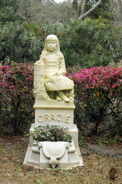 photoopss:  Little Gracie This is one of the famous graves in Bonaventure Cemetery. I included the photo I took about Gracie’s story for everyone. It’s a little hard to read but here’s what it says in case its too hard to read: “Little Gracie