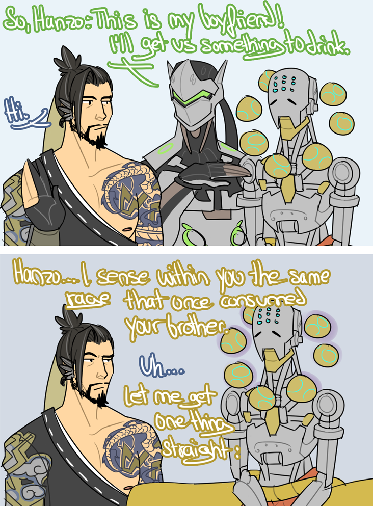 goingloco:  Zenyatta is a protective bf. Hanzo doesn’t want to visit anymore. 