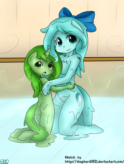 askshinytheslime:  Really BIG thanks going to That awesome artist and friend. For that awesome sketch with Shiny and Minty<huging> ((and now Character desciption like always)) Minty: What? i can’t hug my mom? and what the heck you you are doing