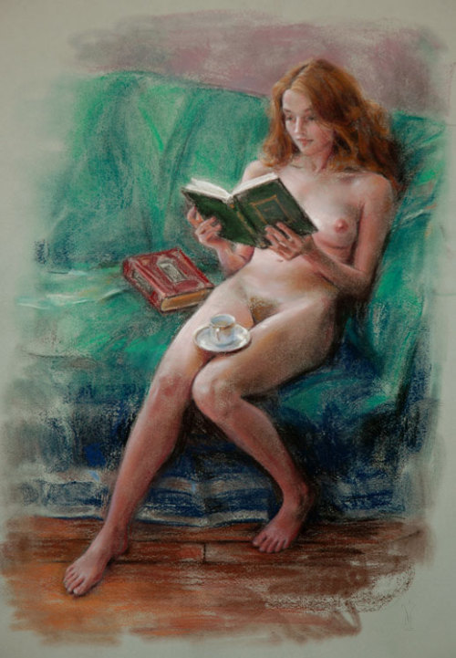 womensbodyhairinart: Nude With Teacup, Miles Williams Mathis. Pastel. 25 x 19 inches.
