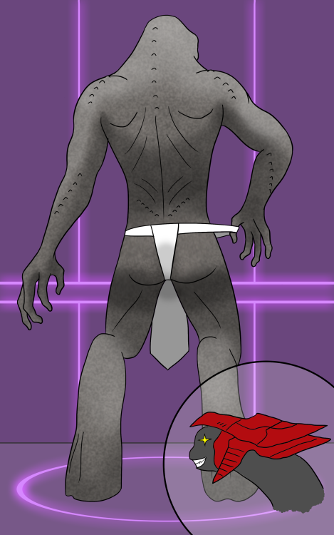 Needless to say N'tho ‘Sraom found Thel outside naked and trapped, thankfully with no one else seeing him. Understanding his plight of not having proper Sangheili underwear, he brought the former Arbiter to a changing room to tryout some briefs