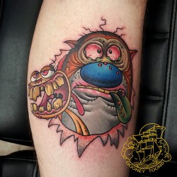 gooneytoons:  Ren and Stimpy tattoo from earlier in the week.