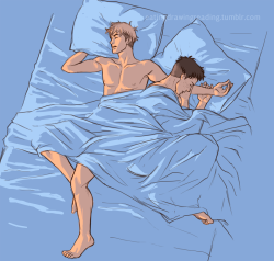 eatingdrawingreading:  I drew Jean and Marco in a position my boyfriend and I usually end up sleeping in. I like curling up into a ball and taking all the blankets like Marco is here lol.(as cute as this might seem, I usually wake up with a crick in my