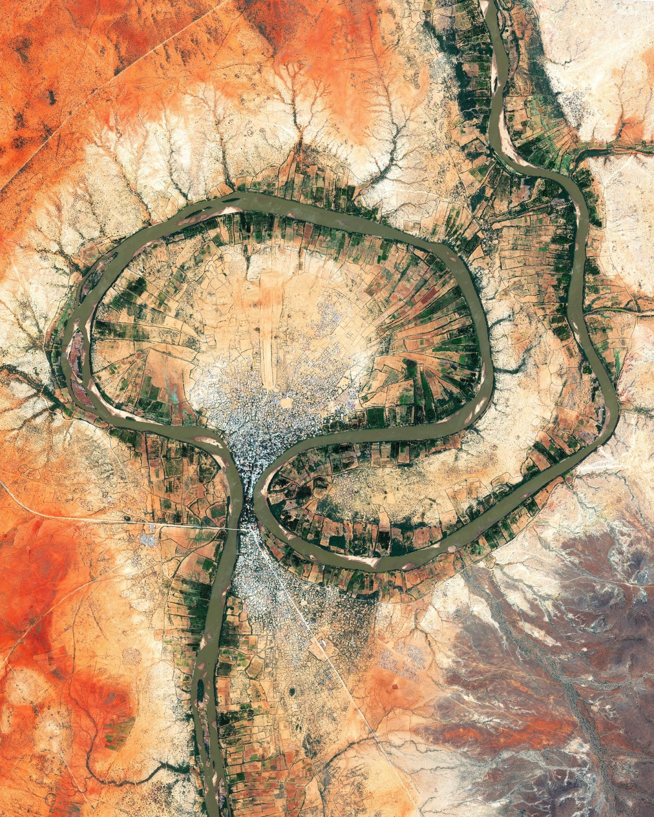 dailyoverview:Luuq, Somalia, is located in a horseshoe-shaped bend of the Jubba River. The town’s geographic position has had a great influence on its history and development, helping it to become one of Somalia’s larger inland market towns as early
