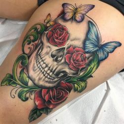 tattoosnob:  Skull tattoo by @nomadicaltattoo at Mother’s Tattoo in Covington, KY #nomadicaltattoo #robynroth #motherstattoo #covington #kentucky #skulltattoo #butterflytattoo #rosetattoo #tattoo #tattoos #tattoosnob http://ift.tt/2go88up
