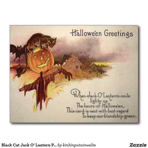 Black Cat Jack O’ Lantern Pumpkin Bat Owl Postcard - $1.10 Made by Zazzle Paper Vintage Hallow