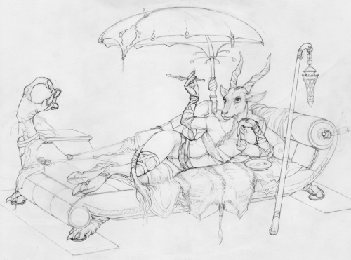 Long term project that is way more long term than planned, but it looks nice. I just scanned the sketch for the person, so i thought i’d post it ;)There’s the original thumbnail idea scribble too. The background as well as foreground drapery will
