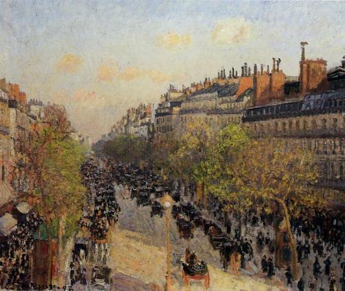 insipit:  Camille Pissarro (1830–1903, France)Boulevard Montmartre series  Pissarro was a Danish-French Impressionist and Neo-Impressionist painter. He studied from great forerunners, including Gustave Courbet and Jean-Baptiste-Camille Corot, then later