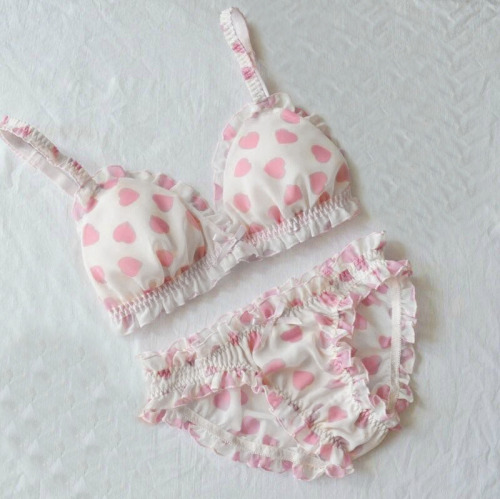 coquettefashion:Pink Heart Print Frill Lingerie Set