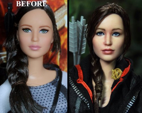 voiceoftheblue:  maddieatsbrains:  owltype:  hipsterthugz:  Noel Cruz custom repaints factory dolls into life like works of art. Recently his Katniss Everdeen custom painted doll sold on eBay for Ū,500. Check out his work here [X]  I haven’t seen some