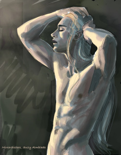 mirrorsister:  Haven’t drawn muscles in a while. Felt like doing a study and it eventually turned into Thranduil. Thranduil is certainly an interesting body type, he’s not like Henry Cavil who I’ve drawn before. Lee/Thranduil is fit but not a body