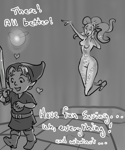 gonnadestroysomething:  My best friend mentioned still being really freaked out by the Great Fairy fountain scene that scared them as a kid; So I made this in the hopes that the Great Fairy would seem a little less scary. 