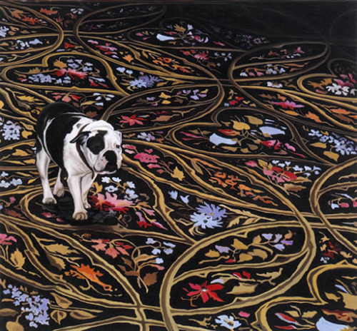 Dog on a blue carpet     -   Karin Kneffel, 2003.German,b.1957-Screenprint , 80 ,  68 x 70 cm.