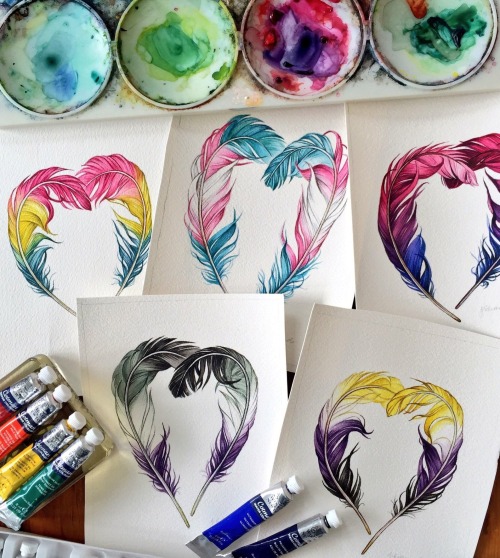 queerplatonicpositivity:sosuperawesome:Watercolor Pride FeathersJody Edwards on Etsy [ ID: A series 