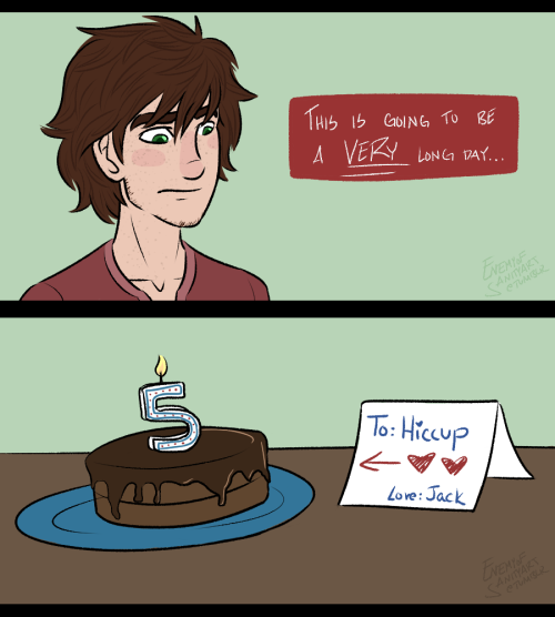 enemyofsanityart: BECAUSE I’M INCAPABLE OF NOT HIJACKING THINGS…including Hiccup’s birthday. For clarification: Jack put those balloons outside their apartment, and he also put that banner up at the college they attend so Hiccup was embarrassed.