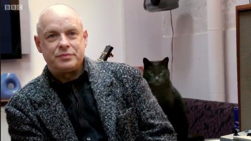 everytigerneedsalady:  Look at this picture and tell me Brian Eno isn’t being controlled telepathically by a malevolent cat 