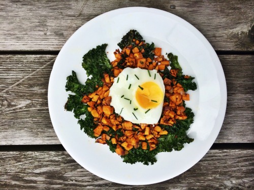 Mexican sweet potato hash on a bed of crispy garlic kale chips topped with a fried egg and sprinkled