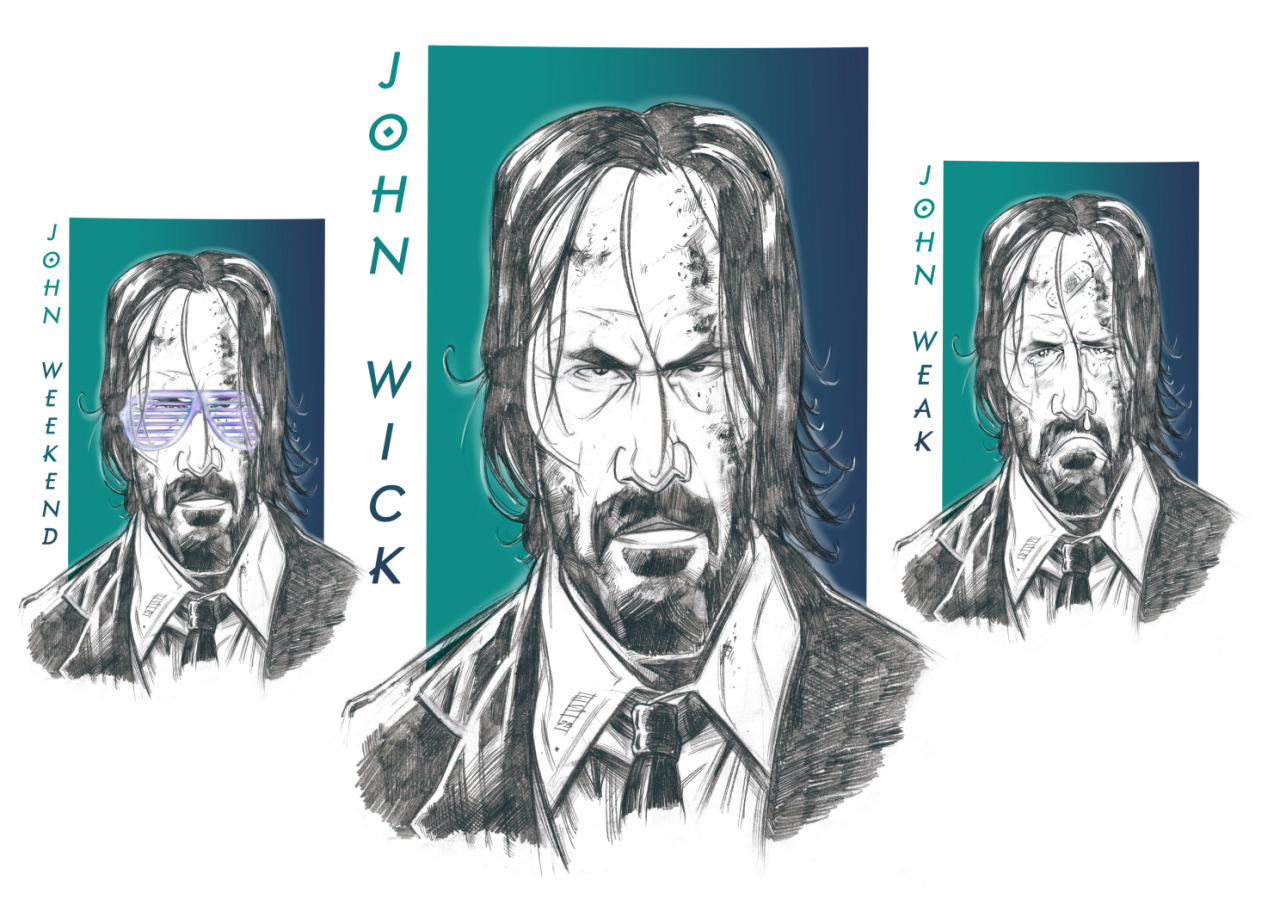 John Trio - Wick, Weak & Weekend (Keanu Reeves).  Pencils & digital, 2023