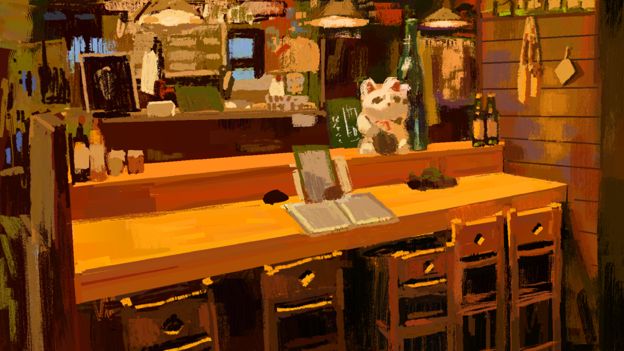 A digital painting of a restaurant in Ginzan Onsen. There are chairs in front of a large warm wooden table. An open menu is perched on the surface of the table. Various drinks decorate the area.