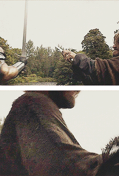 avorpalsword-deactivated2021022:   Steel met steel with a ringing, bone-jarring clang. Somehow Brienne had gotten her own blade out in time. Jaime laughed. “Very good, wench.” “Give me the sword, Kingslayer.”  “Oh, I will.” He sprang to his
