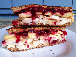 babytakeoffallyourarmor:  Grilled sandwich with chicken, apple slices, brie cheese, fresh cranberry compote and apricot jam. OMG. 