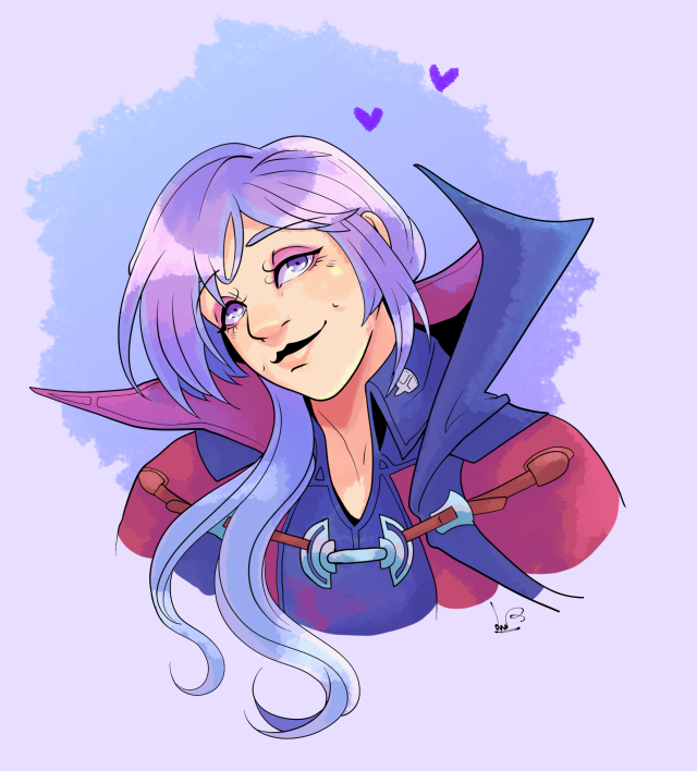 A bust of Yuri Leclerc from Fire Emblem: Three Hopes. He's wearing his new mid-timeskip clothes, with a large, dark collar on his cape that is red on the inside and blue on the outside. His armour is blue with red patches, and his hair is in a side ponytail, and coloured a vibrant purple. He's leaning his head to the left, looking upwards and to the right with an at-ease smile. There are two purple hearts above him, and the background is a very pale purple.