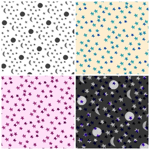 roundlikeacircle:  I’ve been having fun with these moons and stars! (hand cut moons and stars digitally repeated and coloured)