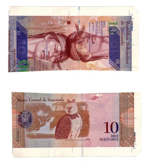 VENEZUELA SUPER ERROR BANKNOTE 10 BOLIVAR FUERTE DOUBLE-SIDEDBILLETE CON ERROR DE IMPRESION EN AMBOS