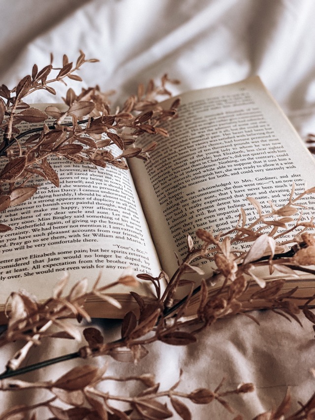 a book lays open on a white sheet, fake branches with brown leaves surround the book.