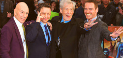 cleanxfamous-blog-blog:   LONDON, ENGLAND - MAY 12: (L-R) Actors Sir Patrick Stewart, James McAvoy, Sir Ian McKellen and Michael Fassbender attend the UK Premiere of ‘X-Men: Days of Future Past’ at Odeon Leicester Square on May 12, 2014 in London,