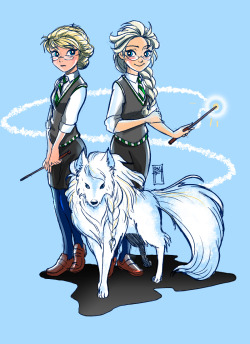 b4tekt:  Elsa &amp; Anna as Animagus in HogwartsAU  Elsa &gt; snow wolf / Anna - scottish fold cat  B4