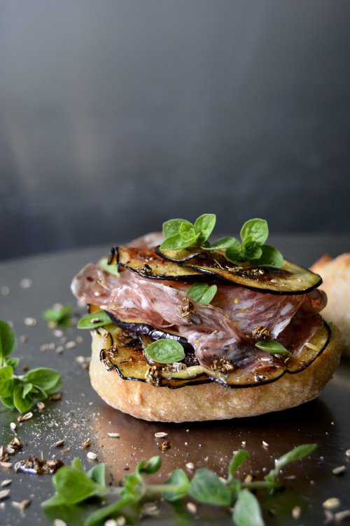 food52:Aubergine dream.Sautéed Aubergine and Salami Sandwich with Fennel Oil and fresh Oregano via E