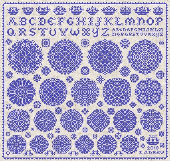 My new pattern: Nouveau Vierlanden
Vierlanden is a marshy area near Hamburg, Germany. From about 1770 to 1850 samplers from this region featured densely stitched circular motifs of all sizes alongside crowns, diamonds and angels. I have named this...