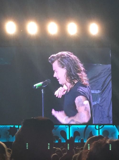 feministmaddie:  Harry making fun of a fan who was holding her boobs and readjusting herself!  08-27-15 otra Cleveland, Ohio