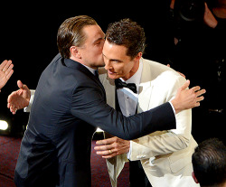 captainbatch:  leonardodicrapio:  Leonardo DiCaprio congratulates Matthew Mcconaughey on his win for Best Leading Actor at the 86th Annual Academy Awards, March 2nd, 2014  He’s probably whispering, “you stole my oscar”