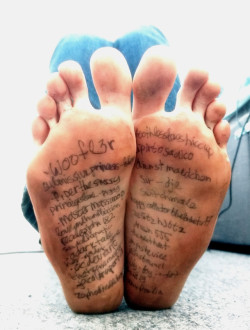 trappedinnow: @no-right-to-shoes‘s EmlaLock challenge ended today and she was released from her 4 days of barefoot slavery. But not before I forced her to come to my flat again to write the names of users that reblogged the original post on her dirty