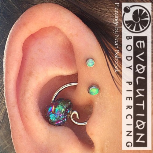 Healed #daith piercing and two healed #forwardhelix piercings with jewelry by #evolutionmetalworks a