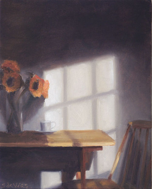 Sunlight and sunflowers   -   Serge de VriesDutch,b.1968-Oil on panel,18 x 14.5 cm.