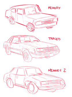 bylacey:  Here’s an exercise! I cannot draw cars well. I don’t like drawing cars. The first sketch was from memory without looking at any photos of a car. The second was traced from a photo of a car. The third, without looking at any photos or previous