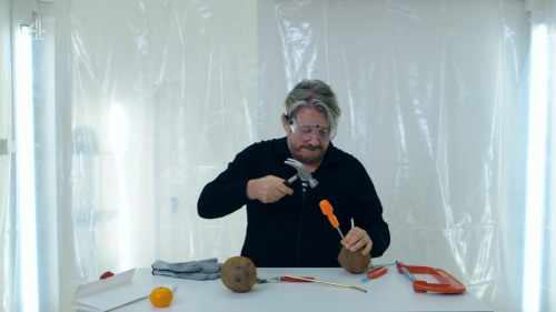 [ID: Six screencaps from Taskmaster, showing each contestant attempting to open a coconut. Johnny Ve