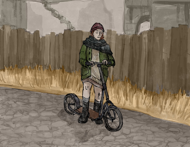 Digital sketch of The Changeling standing with a scooter on the side of the street in Pathologic